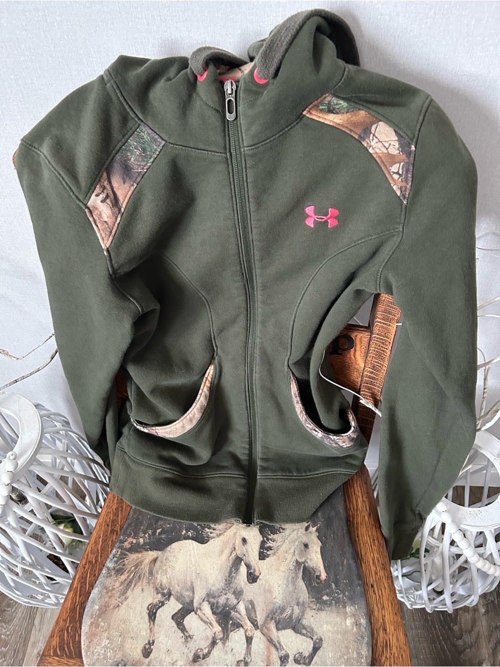 Under Armour Olive Green Hooded Puffer Jacket with Pink Logo